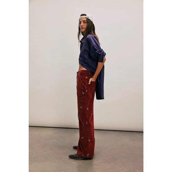 NWT FREE PEOPLE We The Free Clifton Cord Wide-Leg Jeans $228 Red DEER DARLIN 28 - Picture 3 of 5